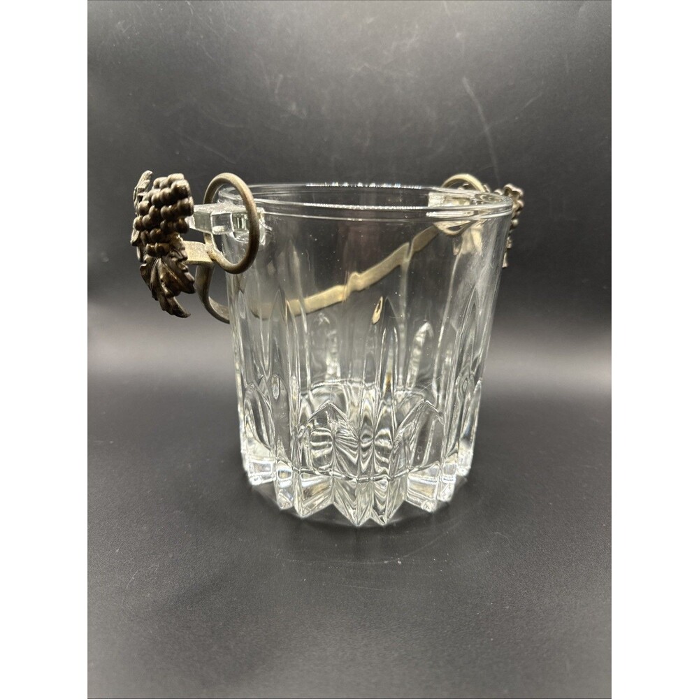 Vintage Italian Cut Glass Ice Bucket 5” Silverplate Grape Handles in VGC